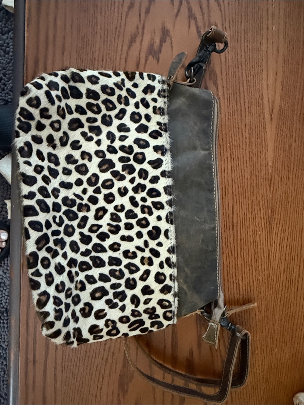 Myra Bag Leopard Haircalf Crossbody with Dark Brown Leather
